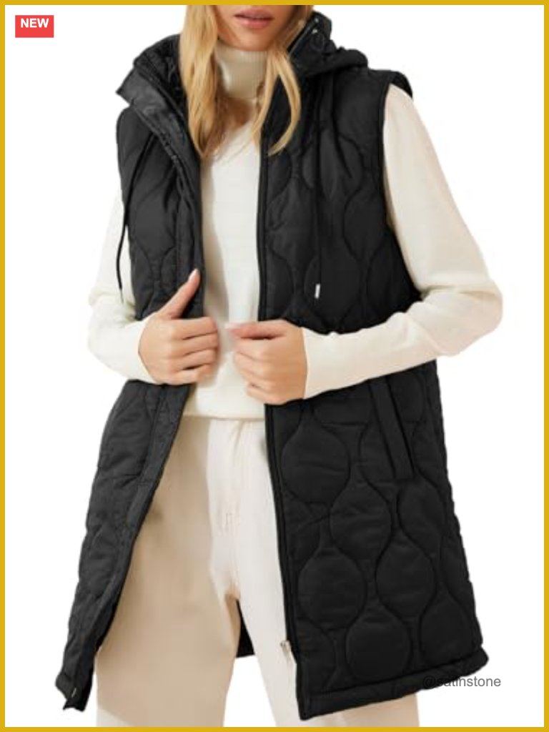 Long Hooded Puffer Vest Sleeveless Quilted Jacket Lightweight Winter Coat Zip